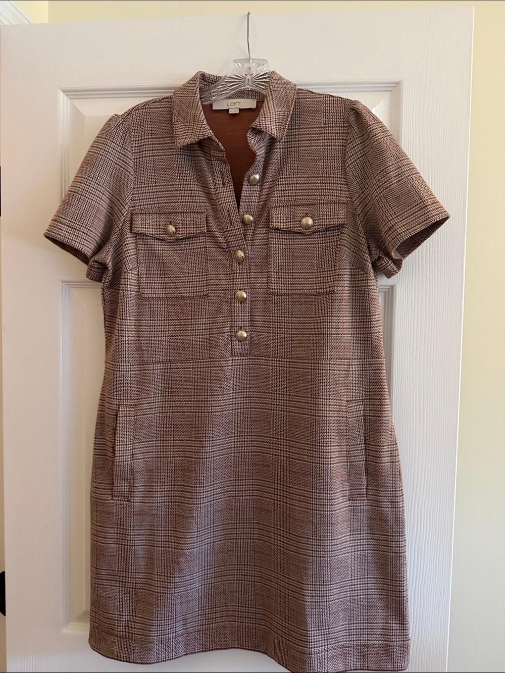LOFT Brown Plaid Short-Sleeve Polo Shirt Dress
